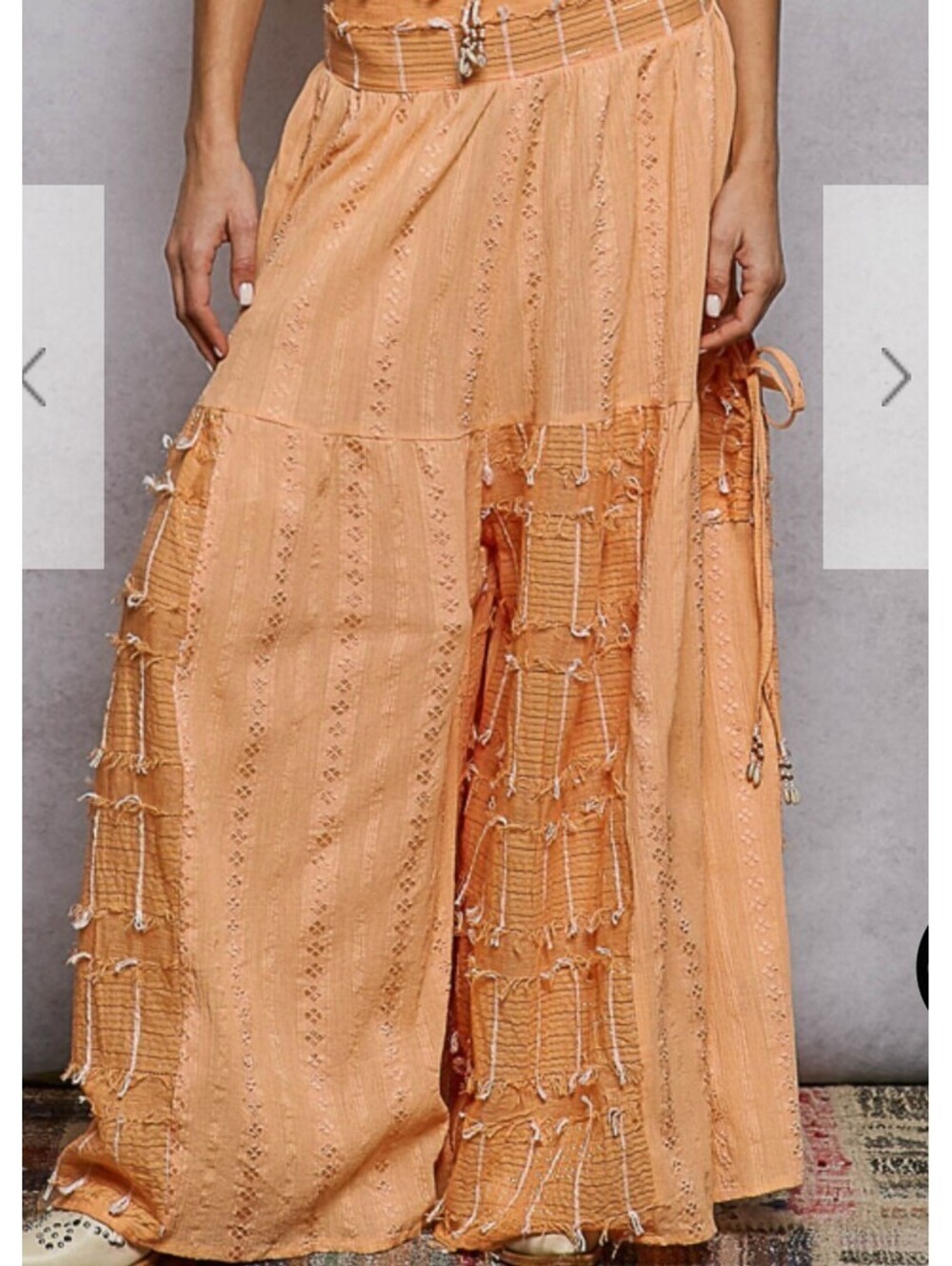 New POL WIDE LEG PANTS Boho Smocked waist Gypsy sz  L Coral Seashell Accents